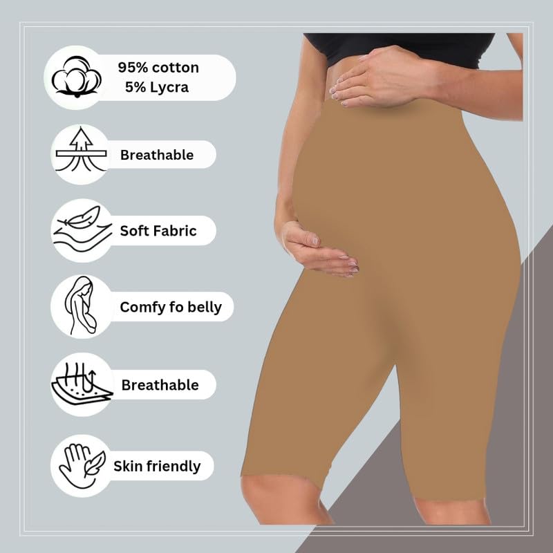 Sandal - Sai's High Waist & Till Knee Cotton Lycra Maternity Shorts|Maternity Trouser Over The Belly for The Pre & Post Pregnancy