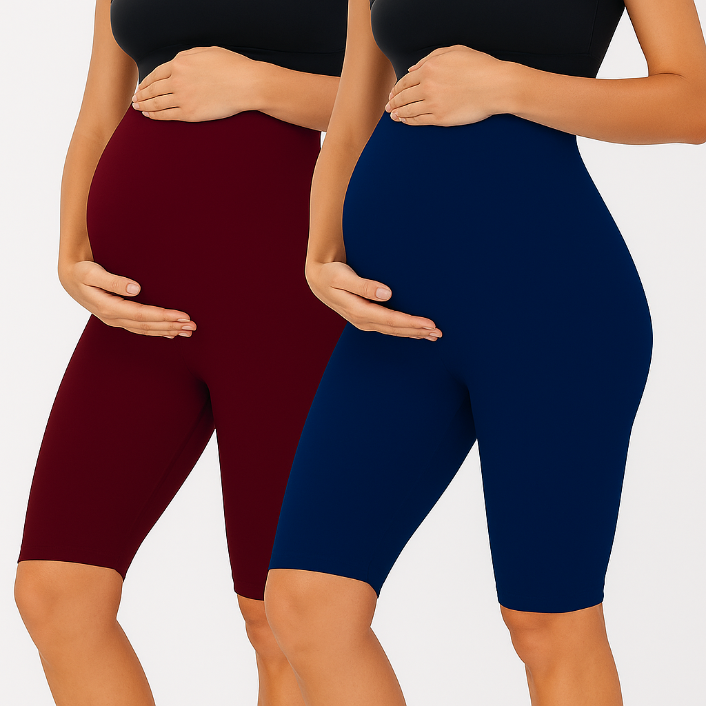 Maroon&Blue - Sai's High Waist & Till Knee Cotton Lycra Maternity Shorts|Maternity Trouser Over The Belly for The Pre & Post Pregnancy