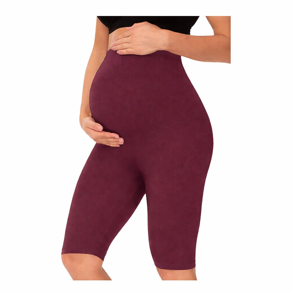 Maroon - Sai's High Waist & Till Knee Cotton Lycra Maternity Shorts|Maternity Trouser Over The Belly for The Pre & Post Pregnancy