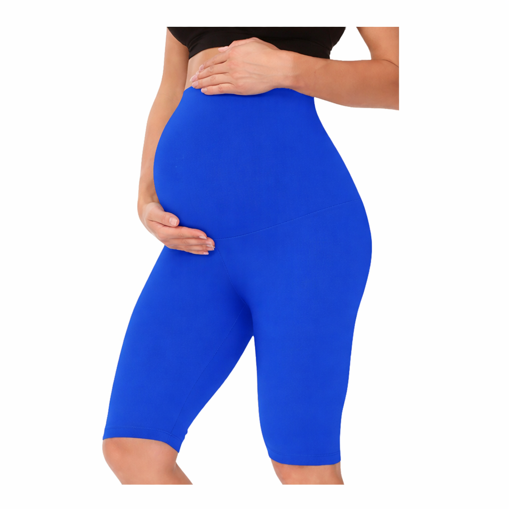 Blue - Sai's High Waist & Till Knee Cotton Lycra Maternity Shorts|Maternity Trouser Over The Belly for The Pre & Post Pregnancy