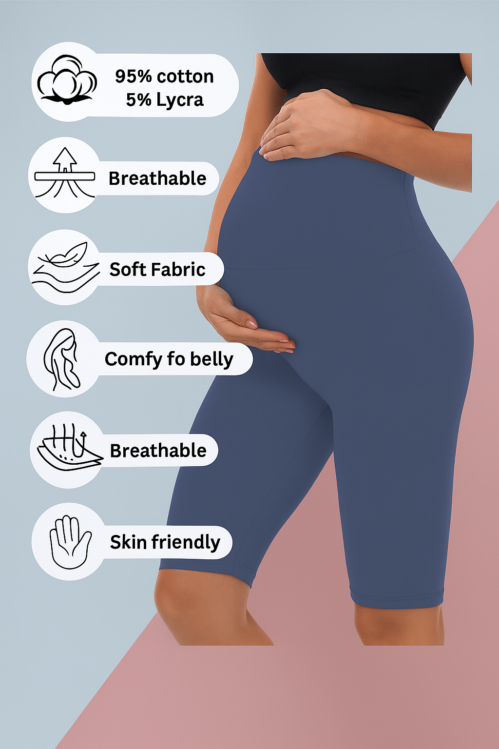 Grey&Sandal - Sai's High Waist & Till Knee Cotton Lycra Maternity Shorts|Maternity Trouser Over The Belly for The Pre & Post Pregnancy