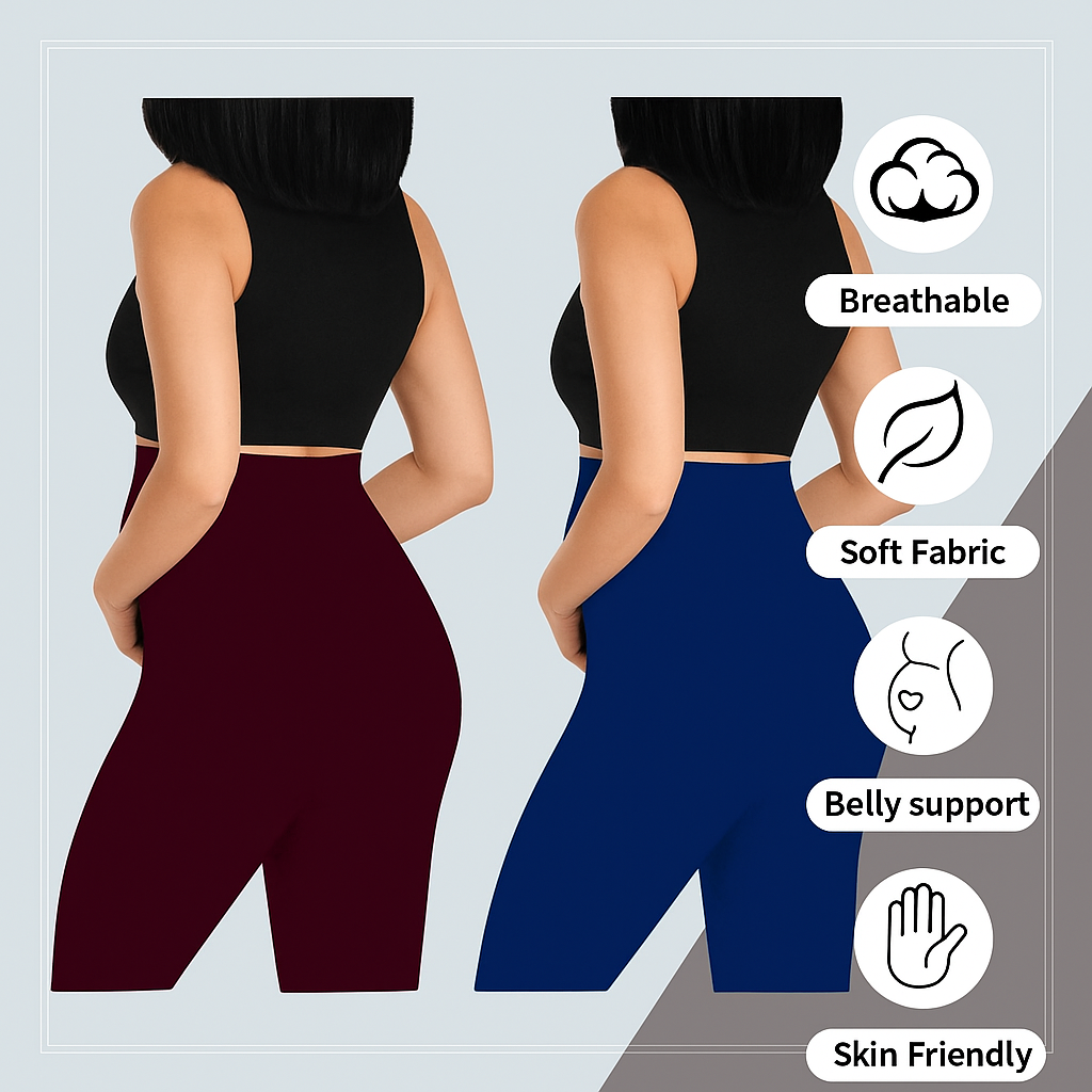 Maroon&Blue - Sai's High Waist & Till Knee Cotton Lycra Maternity Shorts|Maternity Trouser Over The Belly for The Pre & Post Pregnancy