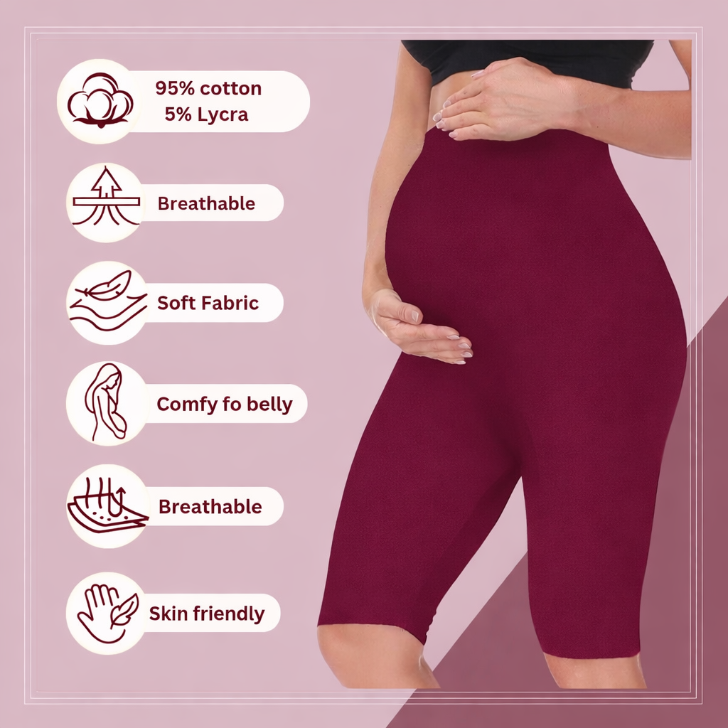 Grey&Maroon- Sai's High Waist & Till Knee Cotton Lycra Maternity Shorts|Maternity Trouser Over The Belly for The Pre & Post Pregnancy