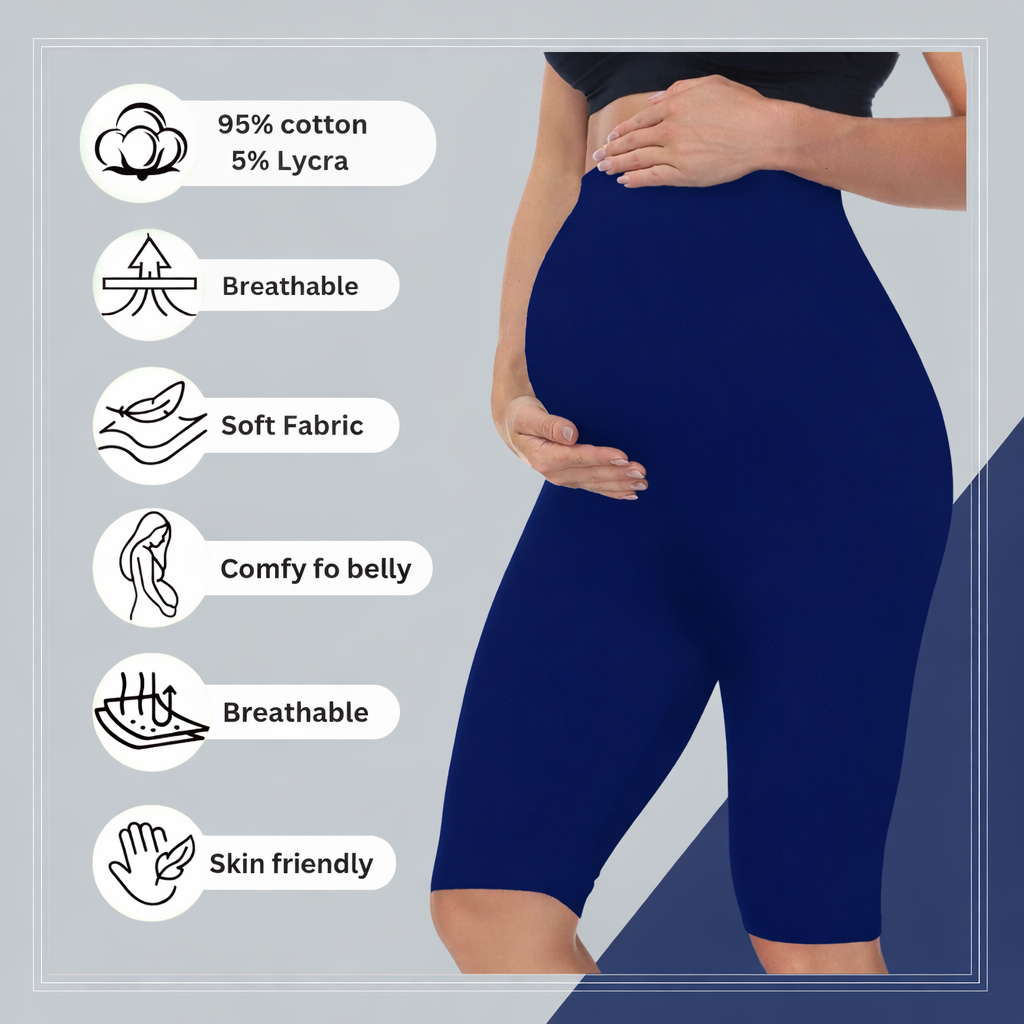 Maroon&Blue - Sai's High Waist & Till Knee Cotton Lycra Maternity Shorts|Maternity Trouser Over The Belly for The Pre & Post Pregnancy