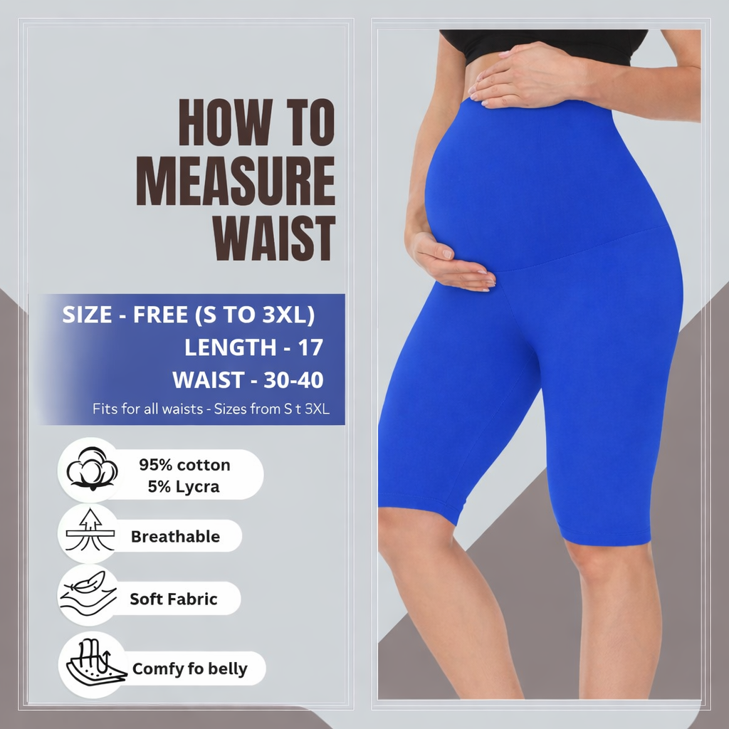 Blue - Sai's High Waist & Till Knee Cotton Lycra Maternity Shorts|Maternity Trouser Over The Belly for The Pre & Post Pregnancy