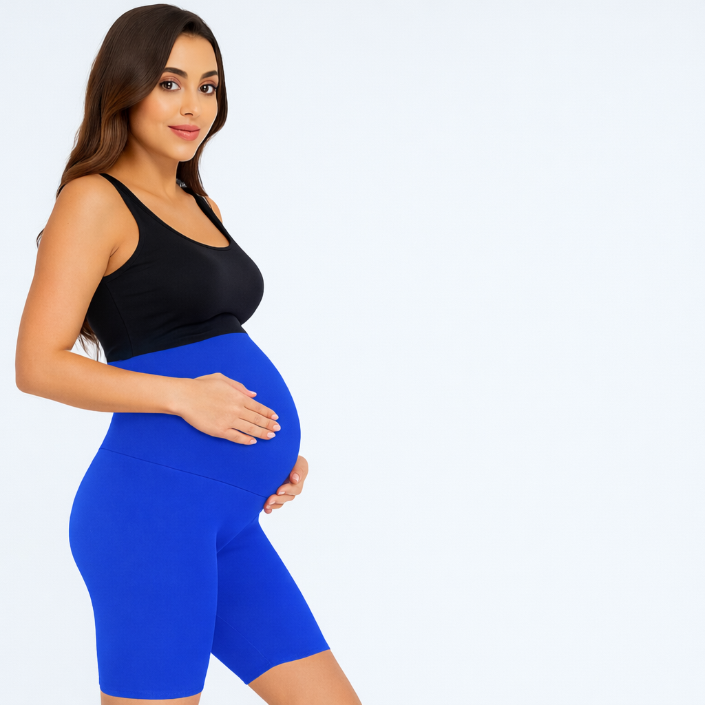 Blue - Sai's High Waist & Till Knee Cotton Lycra Maternity Shorts|Maternity Trouser Over The Belly for The Pre & Post Pregnancy