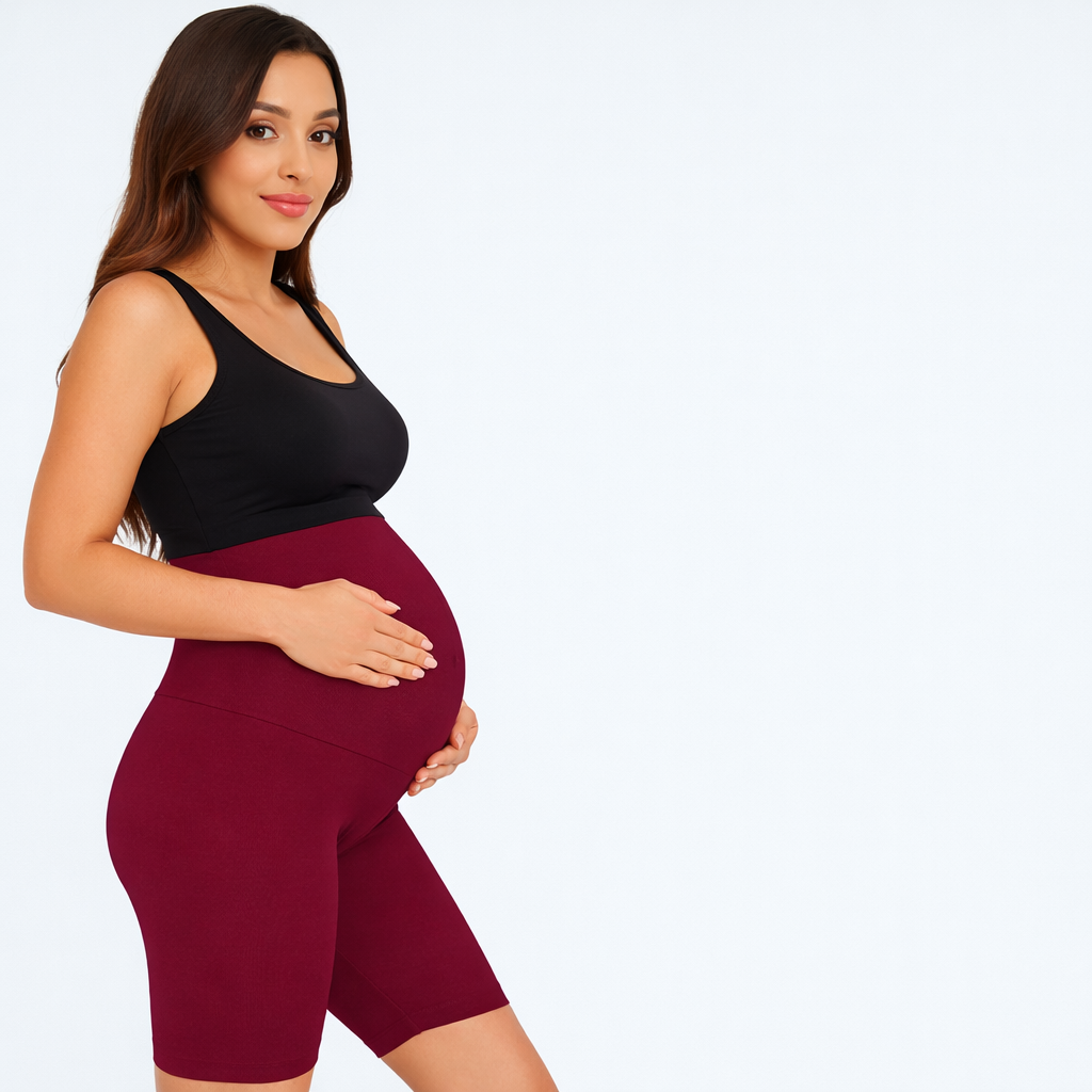 Maroon - Sai's High Waist & Till Knee Cotton Lycra Maternity Shorts|Maternity Trouser Over The Belly for The Pre & Post Pregnancy