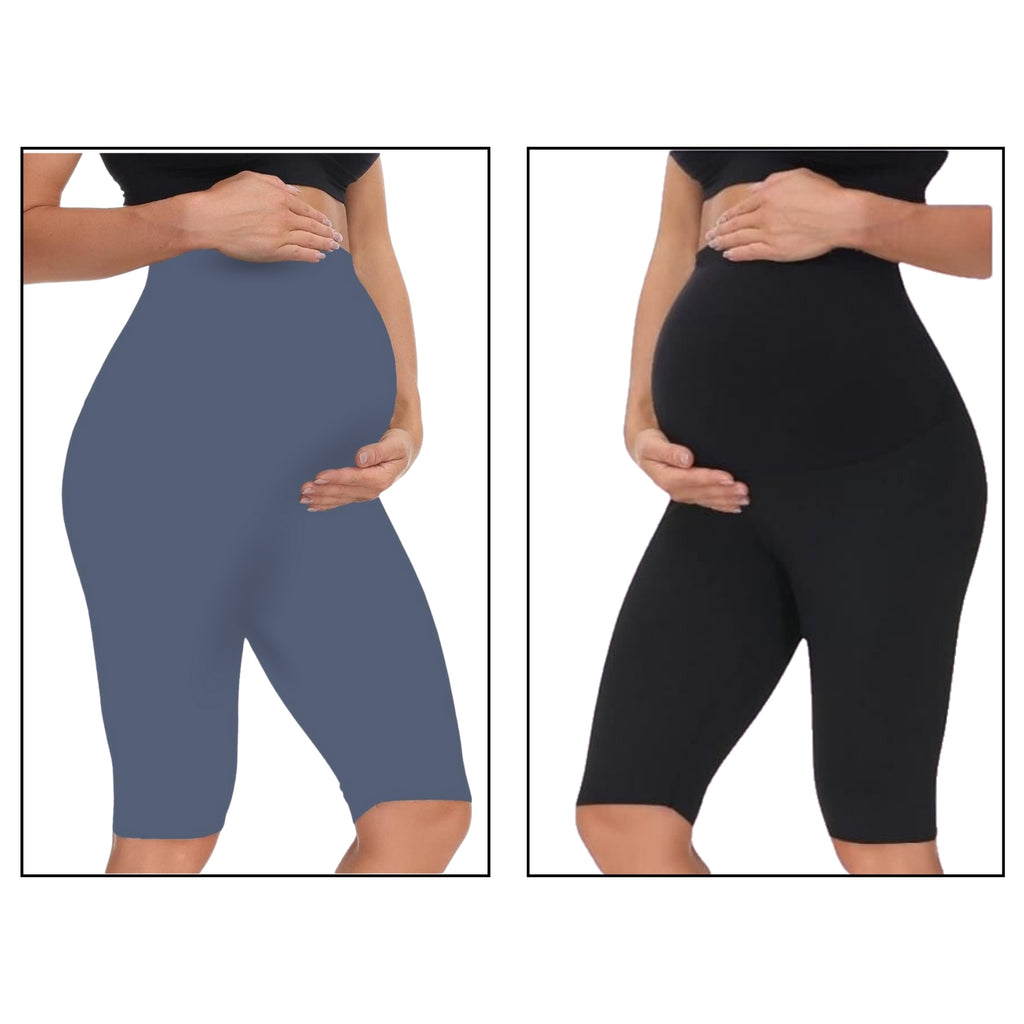 Grey & Black - Sai's High Waist & Till Knee Cotton Lycra Maternity Shorts|Maternity Trouser Over The Belly for The Pre & Post Pregnancy