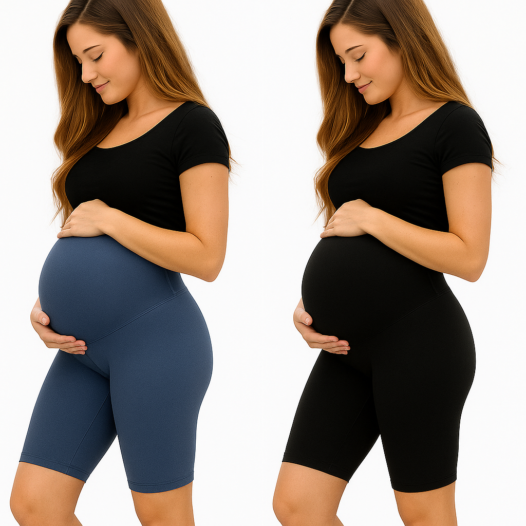 Grey & Black - Sai's High Waist & Till Knee Cotton Lycra Maternity Shorts|Maternity Trouser Over The Belly for The Pre & Post Pregnancy