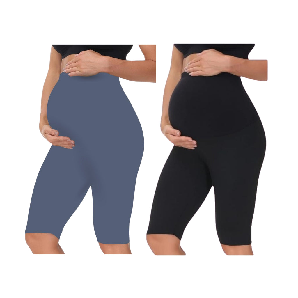 Grey & Black - Sai's High Waist & Till Knee Cotton Lycra Maternity Shorts|Maternity Trouser Over The Belly for The Pre & Post Pregnancy