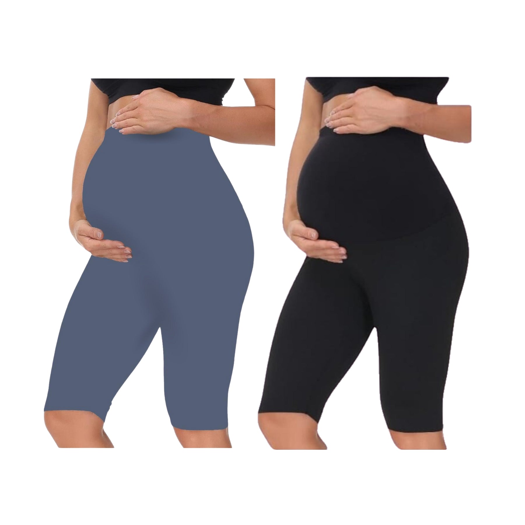 Grey & Black - Sai's High Waist & Till Knee Cotton Lycra Maternity Shorts|Maternity Trouser Over The Belly for The Pre & Post Pregnancy