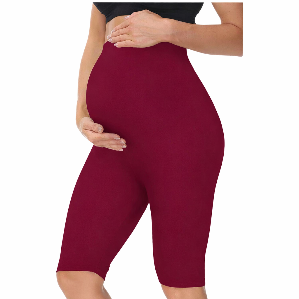 Grey&Maroon- Sai's High Waist & Till Knee Cotton Lycra Maternity Shorts|Maternity Trouser Over The Belly for The Pre & Post Pregnancy