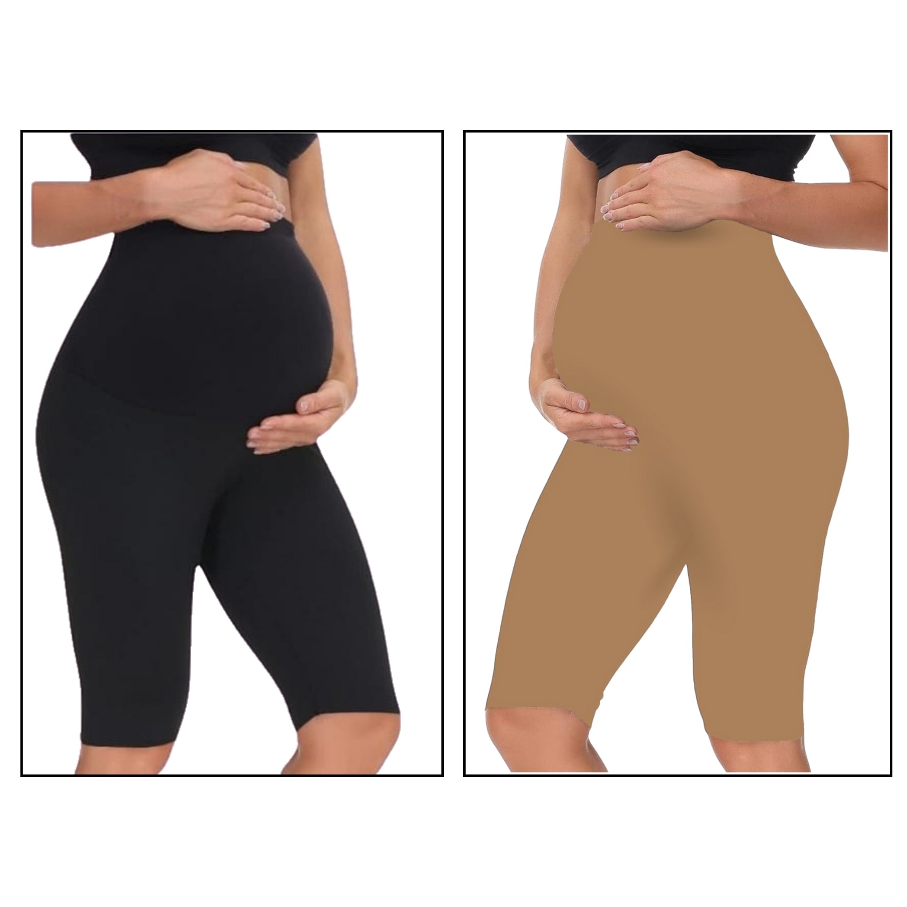 Sandal & Black- Sai's High Waist & Till Knee Cotton Lycra Maternity Shorts|Maternity Trouser Over The Belly for The Pre & Post Pregnancy