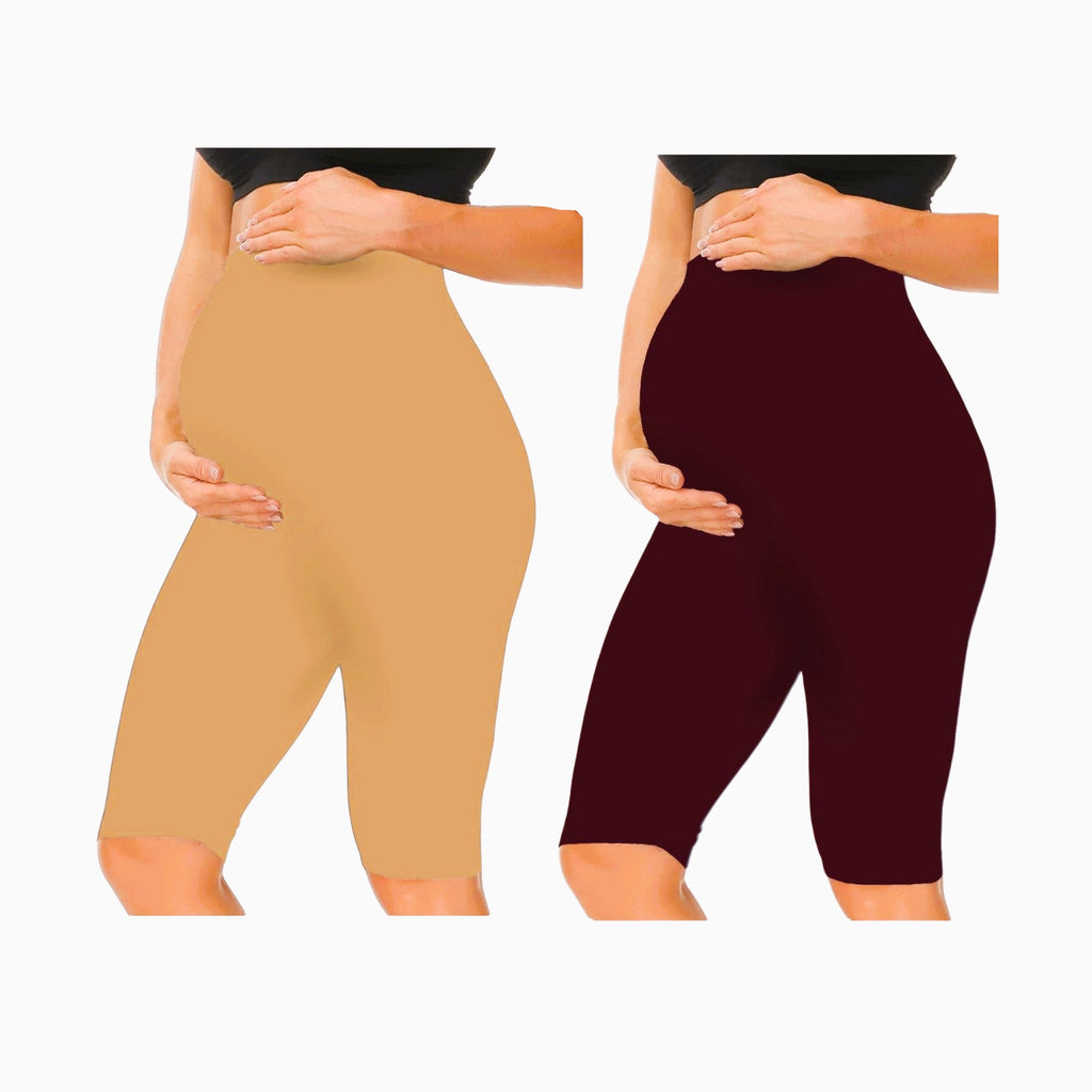 Sandal & Maroon - Sai's High Waist & Till Knee Cotton Lycra Maternity Shorts|Maternity Trouser Over The Belly for The Pre & Post Pregnancy