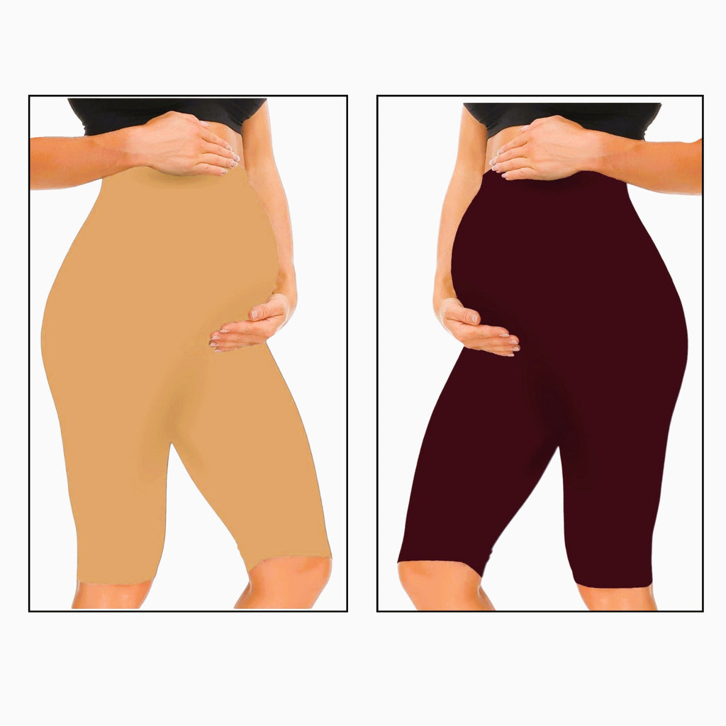 Sandal & Maroon - Sai's High Waist & Till Knee Cotton Lycra Maternity Shorts|Maternity Trouser Over The Belly for The Pre & Post Pregnancy