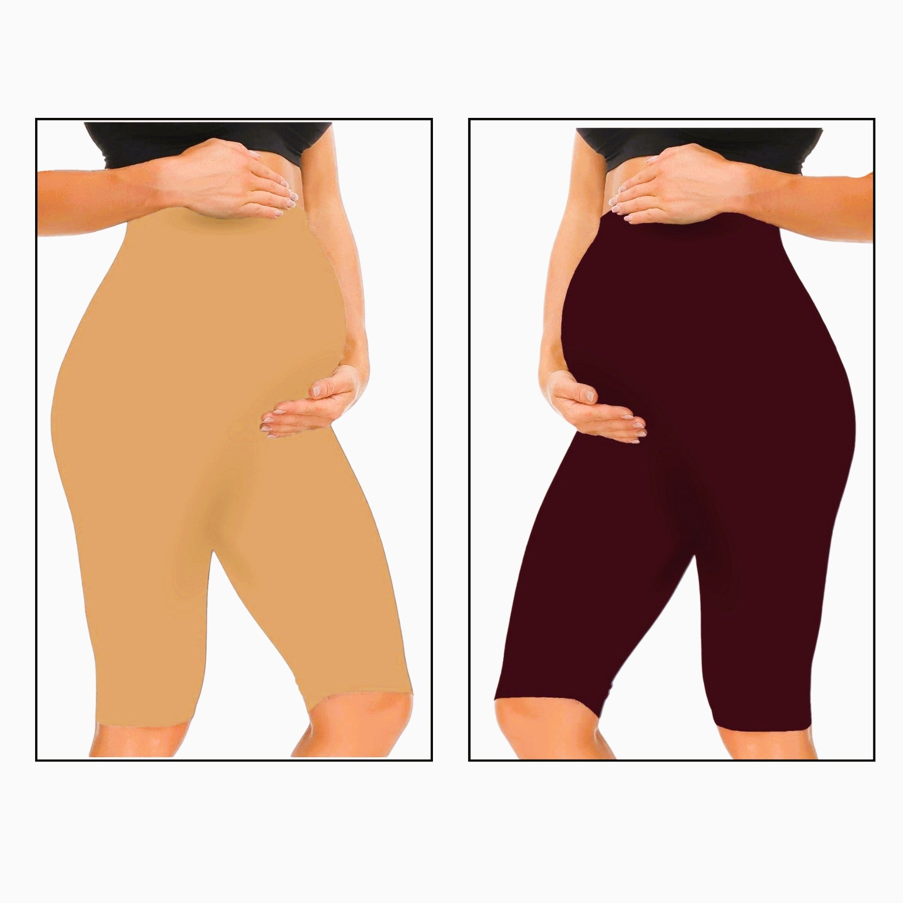 Sandal & Maroon - Sai's High Waist & Till Knee Cotton Lycra Maternity Shorts|Maternity Trouser Over The Belly for The Pre & Post Pregnancy