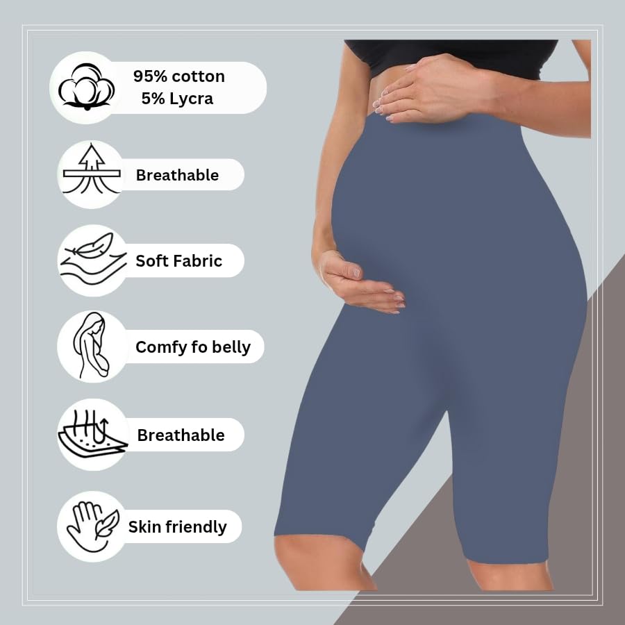 Grey - Sai's High Waist & Till Knee Cotton Lycra Maternity Shorts|Maternity Trouser Over The Belly for The Pre & Post Pregnancy