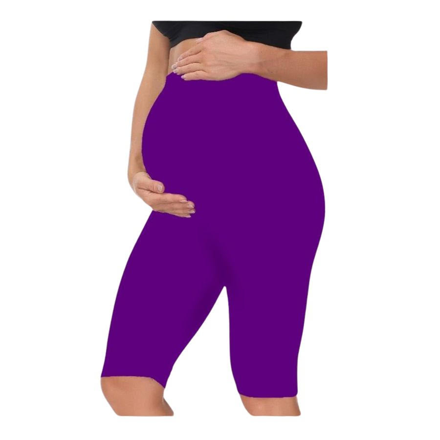 Purple - Sai's High Waist & Till Knee Cotton Lycra Maternity Shorts|Maternity Trouser Over The Belly for The Pre & Post Pregnancy