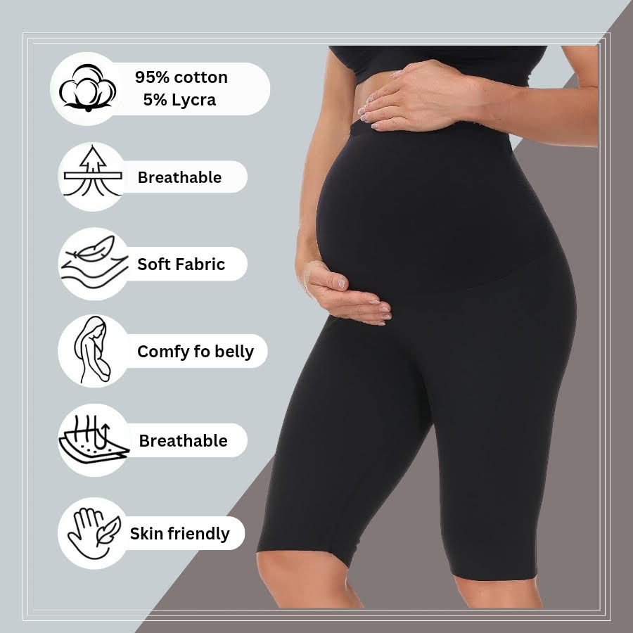 Black- Sai's High Waist & Till Knee Cotton Lycra Maternity Shorts|Maternity Trouser Over The Belly for The Pre & Post Pregnancy