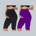 Black&Purple - Sai's High Waist & Till Knee Cotton Lycra Maternity Shorts|Maternity Trouser Over The Belly for The Pre & Post Pregnancy