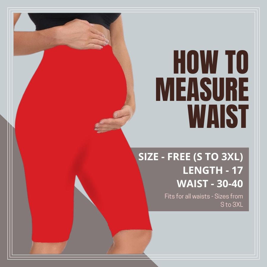 Red - Sai's High Waist & Till Knee Cotton Lycra Maternity Shorts|Maternity Trouser Over The Belly for The Pre & Post Pregnancy