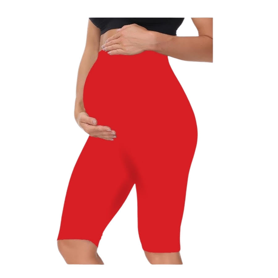Red - Sai's High Waist & Till Knee Cotton Lycra Maternity Shorts|Maternity Trouser Over The Belly for The Pre & Post Pregnancy